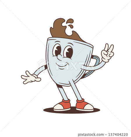 Walking Coffee Cup With Peace Sign Retro Cartoon Character Vector Illustration 137484220