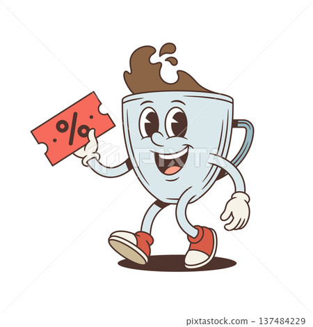 Coffee Cup Mascot With Coupon Retro Cartoon Character Vector Illustration Coffee Cup Mascot With Coupon Retro Cartoon Character Vector Illustration 137484229