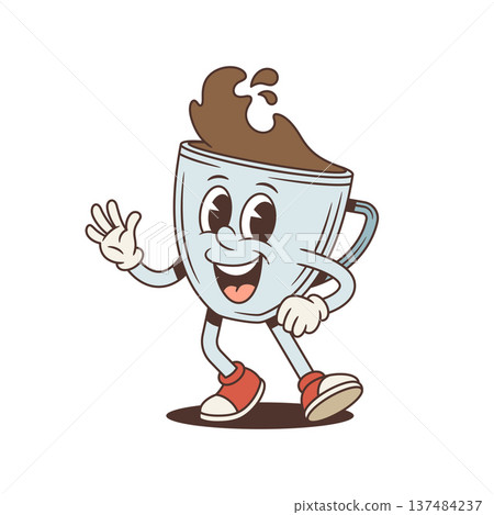 Friendly Waving Coffee Cup In Retro Style Cartoon Character Vector Illustration Friendly Waving Coffee Cup In Retro Style Cartoon Character Vector Illustration 137484237