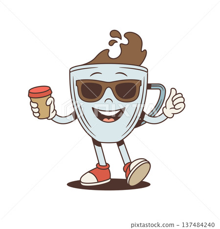Cool Coffee Cup With Thumbs Up Retro Cartoon Character Vector Illustration Cool Coffee Cup With Thumbs Up Retro Cartoon Character Vector Illustration 137484240