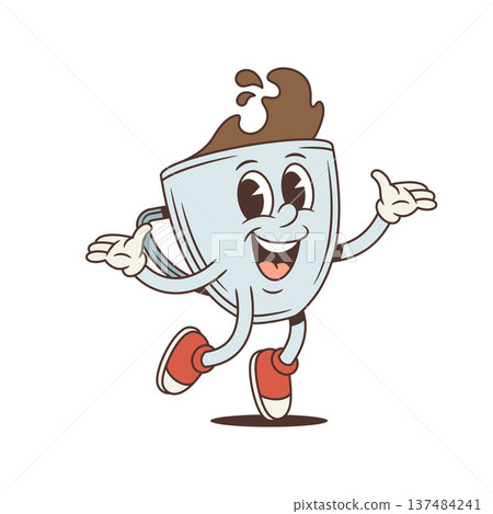 Friendly Welcoming Coffee Cup Retro Cartoon Character Vector Illustration 137484241