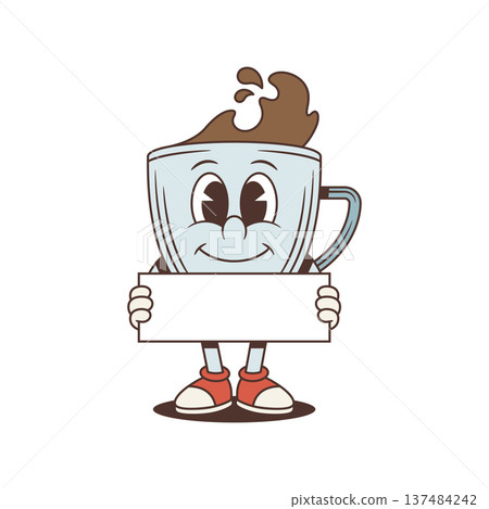 Smiling Coffee Cup Holding Blank Sign Retro Cartoon Character Vector Illustration 137484242