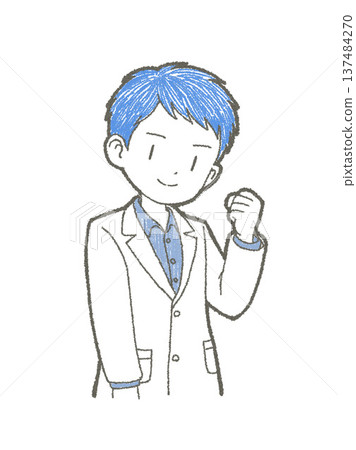 Hand-drawn illustration of a male medical professional in a white coat with a motivated expression and a fist pump Hand-drawn illustration of a male medical professional in a white coat with a motivated expression and a fist pump 137484270