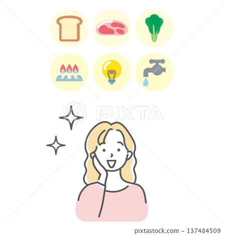 Illustration material of a housewife happy about food expenses and utility bills 137484509