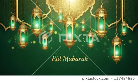 Elegant promotional image celebrating Eid Mubarak with glowing lanterns hanging on a vibrant green background 137484686