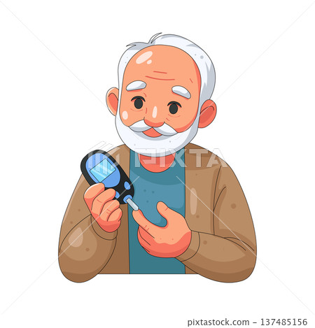 Illustration of elderly man using a glucose meter 137485156