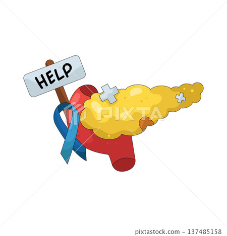 Illustration of pancreas with help sign Illustration of pancreas with help sign 137485158