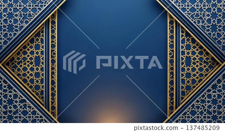 An intricately designed decorative Islamic architectural pattern with geometric and floral motifs in gold and blue colors 137485209
