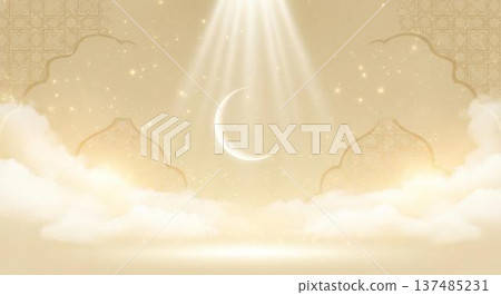 A serene golden background with clouds and a crescent moon illuminated by soft rays of light 137485231