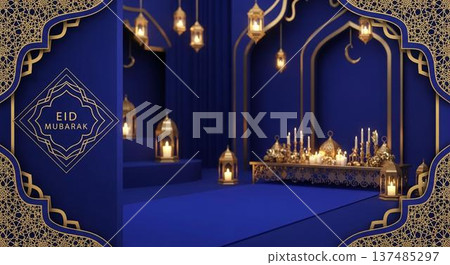 An elegant and festive Eid Mubarak celebration setup featuring luxurious blue decor and golden accents in a beautifully decorated space 137485297