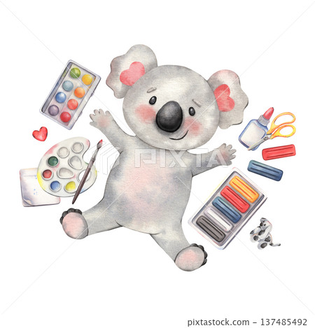 Cute koala lying on its back, scissors, glue, plasticine, clay dog, paper, palette, paints, brush, watercolor illustration isolated on white for kids crafts, art classes, preschool materials, posters 137485492