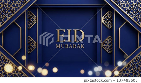 Eid Mubarak greeting card with elegant blue and gold geometric patterns and festive design elements 137485603