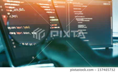 Programmer Reviewing Source Code Through Magnifying Glass on Futuristic Screen Interface 137485732