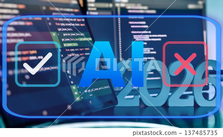 AI Approval and Rejection Decision Interface with Checkmark and Cross Icons on Coding Workspace Background 137485735