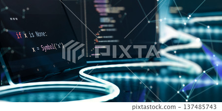 Futuristic AI Coding Workspace with Python Code on Screen, Neon Desk Lighting and Digital Network Overlay Futuristic AI Coding Workspace with Python Code on Screen, Neon Desk Lighting and Digital Network Overlay 137485743