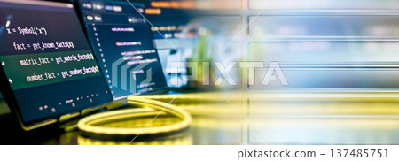 Futuristic Coding Workspace with Glass UI Panels and Neon Cable Light, Software Development Dashboard Background Futuristic Coding Workspace with Glass UI Panels and Neon Cable Light, Software Development Dashboard Background 137485751