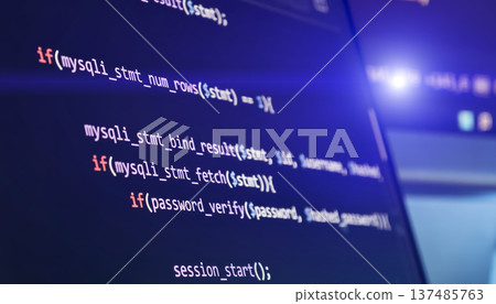 Close Up PHP Login Authentication Code on Screen with Password Verify and Session Start Cyber Security Concept 137485763