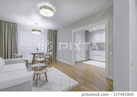 Bright Modern Open Plan Living Room and Minimalist White Kitchen 137485800