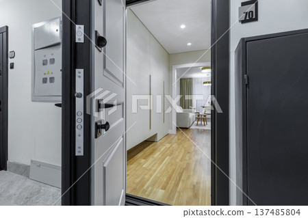 Open Entrance to Modern Apartment with Hallway and Living Room View Open Entrance to Modern Apartment with Hallway and Living Room View 137485804