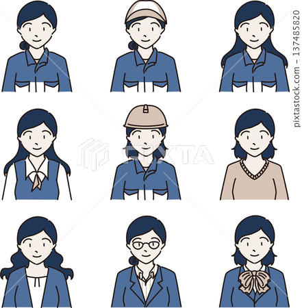 一組描繪不同部門女性員工的插圖(藍色版) 一組描繪不同部門女性員工的插圖(藍色版) 137485820