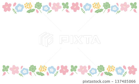 Spring flower border frame illustration | Cherry blossoms, nemophila, rape blossoms, clover (horizontal 16:9) 137485866