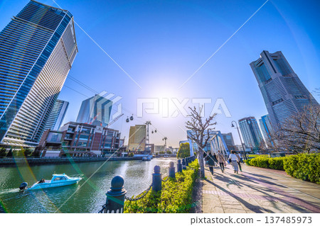 Renewal of Yokohama cityscape in Japan... Boardwalk renovation work. Shadows swaying on the railway road, water taxis... a ray of hope 137485973