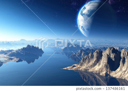 Rocky Exoplanet with Fractured Cliffs and Rolling Sand Dunes under a Bright Sky 137486161