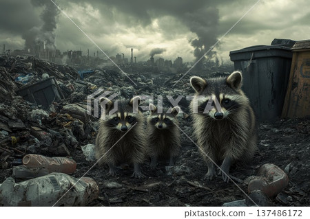 Family of Raccoons with Gleaming Eyes in Dim Environment Family of Raccoons with Gleaming Eyes in Dim Environment 137486172