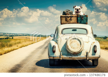 Vintage Car on Open Road with Dog and Luggage Ready for Adventure Vintage Car on Open Road with Dog and Luggage Ready for Adventure 137486178