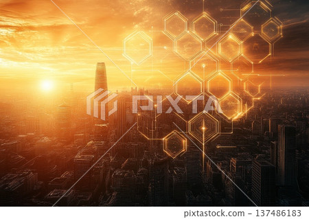 Cybernetic Cityscape at Twilight with Golden Light and Futuristic Elements 137486183