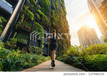 Morning Jogger Navigating Through Modern Park Surrounded by Lush Greenery 137486191