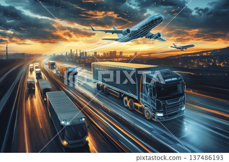 Futuristic Intergalactic Transportation System with Trucks and Aircraft in Motion 137486193