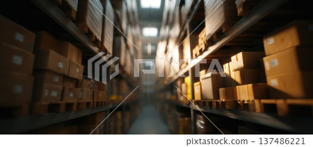 Cinematic Depth of Field Shot Featuring a Warehouse Aisle with Boxes and Shelving Units Cinematic Depth of Field Shot Featuring a Warehouse Aisle with Boxes and Shelving Units 137486221