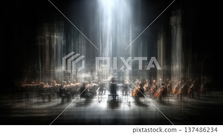 Abstract Symphony Orchestra Scene with Glowing Shapes and Dynamic Light Effects Abstract Symphony Orchestra Scene with Glowing Shapes and Dynamic Light Effects 137486234