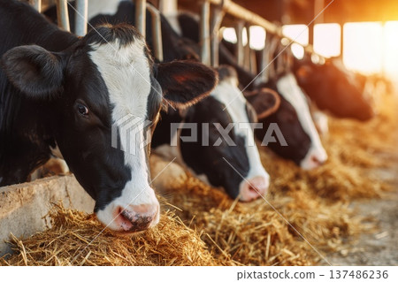 Cows Eating Hay in Cowshed on Dairy Farm in Wisconsin at Sunset with Warm Light 137486236