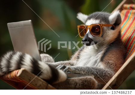 Lemur with Striped Tail Curled Around Chair Leg While Using Laptop in Sunglasses 137486237