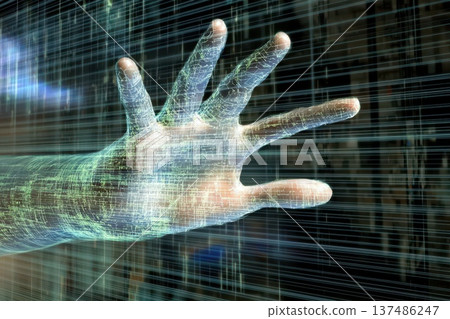 Futuristic AI Assistant Hand in 3D Virtual Environment with Digital Patterns Futuristic AI Assistant Hand in 3D Virtual Environment with Digital Patterns 137486247