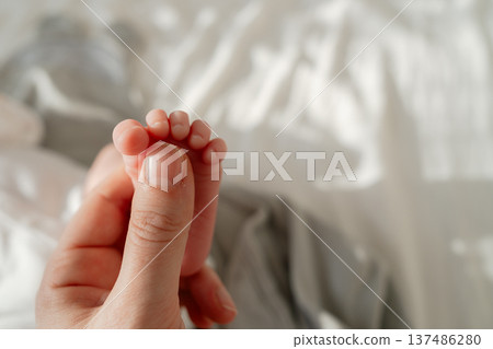 Close up of tiny newborn toes gently held by parent. Soft natural light and blurred background create intimate and heartwarming family moment. 137486280