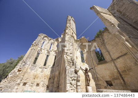 San Anton Monastery ruins showing crucifix and blue sky 137486443