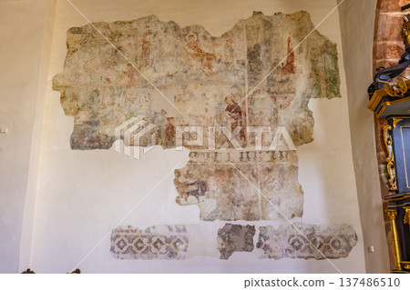 Fragmented medieval fresco on church wall in Pribylina Fragmented medieval fresco on church wall in Pribylina 137486510