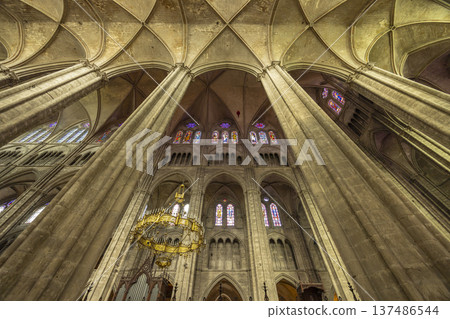 Bourges Cathedral interior displaying Gothic architecture and stained glass Bourges Cathedral interior displaying Gothic architecture and stained glass 137486544