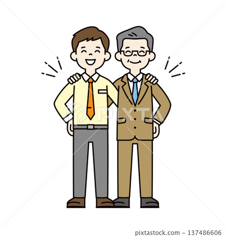 Smiling and putting his arm around someone's shoulder, a young male employee/businessman and a middle-aged president/manager, full-body vector illustration 137486606