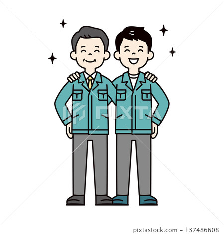 Full-body vector illustration of a president and businessman, office worker, male employee wearing work clothes, putting their arms around each other's shoulders 137486608