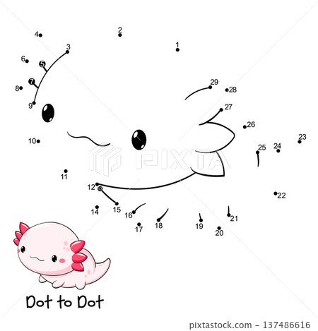 Connect The Dots and Draw cute axolotl. Dot to dot puzzle with cartoon little animal. Educational Game for Kids. Drawing for Preschool children. Vector Illustration EPS8 137486616