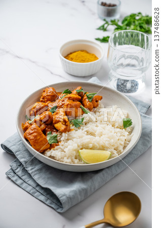 Chicken tikka masala curry with rice on marble background 137486628