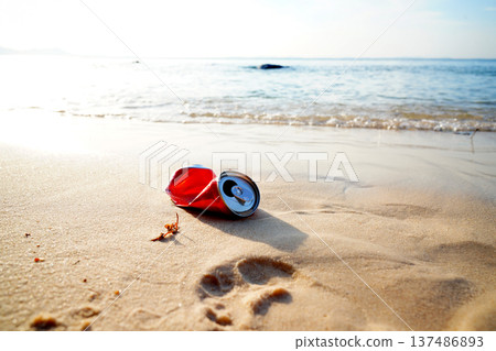 Crumpled soda can on sand beach at sea. Discarded broken soda can at seashore. Crumpled soda can on sand beach at sea. Discarded broken soda can at seashore. 137486893