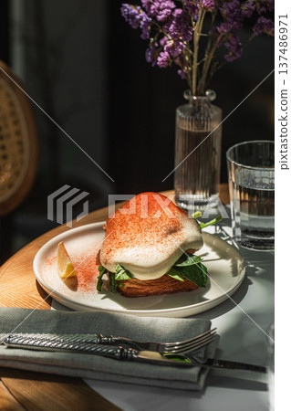 Salmon toast with poached egg and spinach Salmon toast with poached egg and spinach 137486971