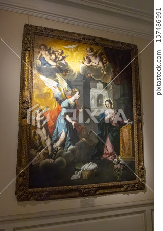Annunciation painting with archangel Gabriel and Virgin Mary 137486991
