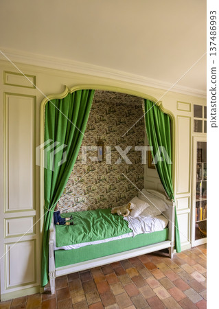 Villandry Chateau child's bed alcove with green curtains Villandry Chateau child's bed alcove with green curtains 137486993