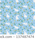Happy Easter seamless pattern,Hand drawn bunnies with blooming flowers on springtime 137487474